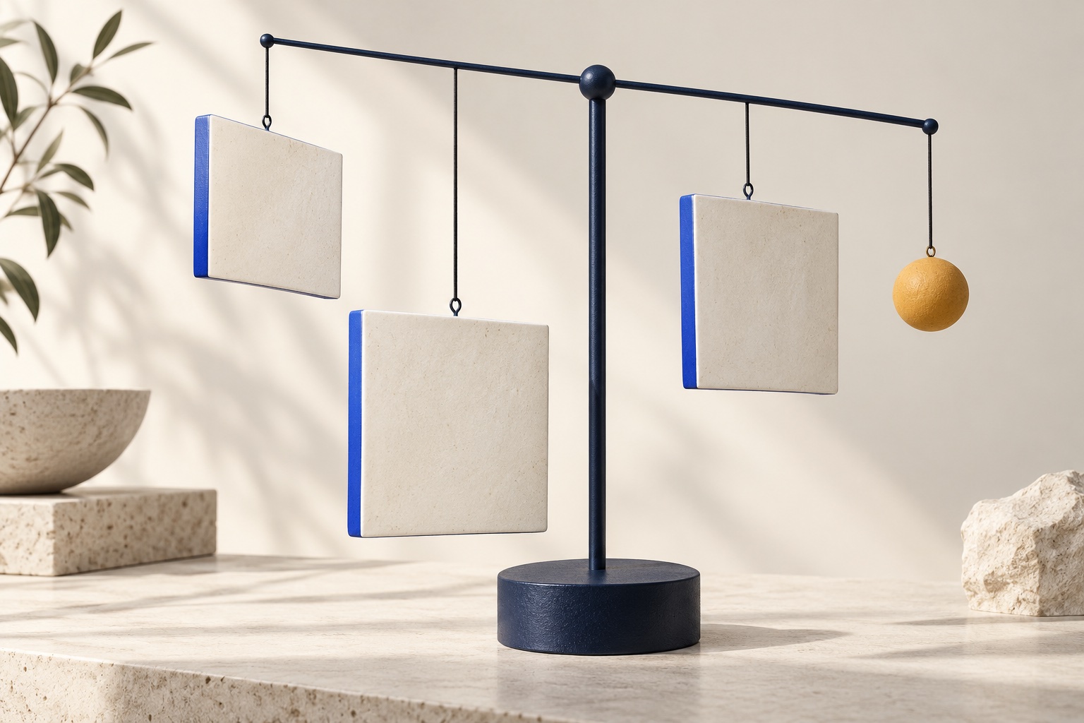 Sculptural balance with ivory and blue plates and a small golden counterweight